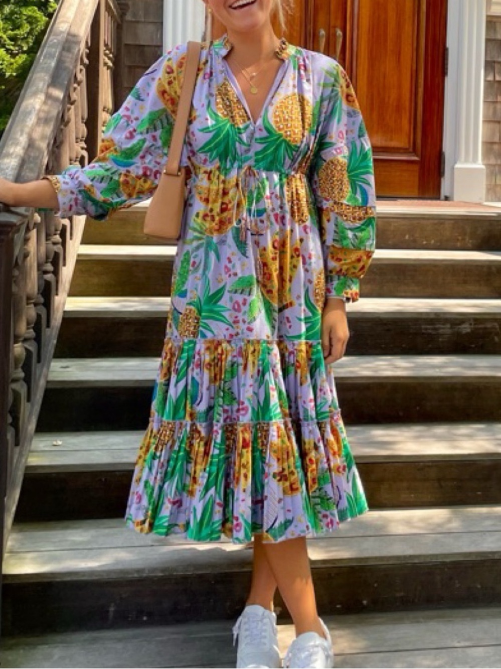 FARM Rio Pineapple-Print Tiered Midi Dress — Green, Yellow & White